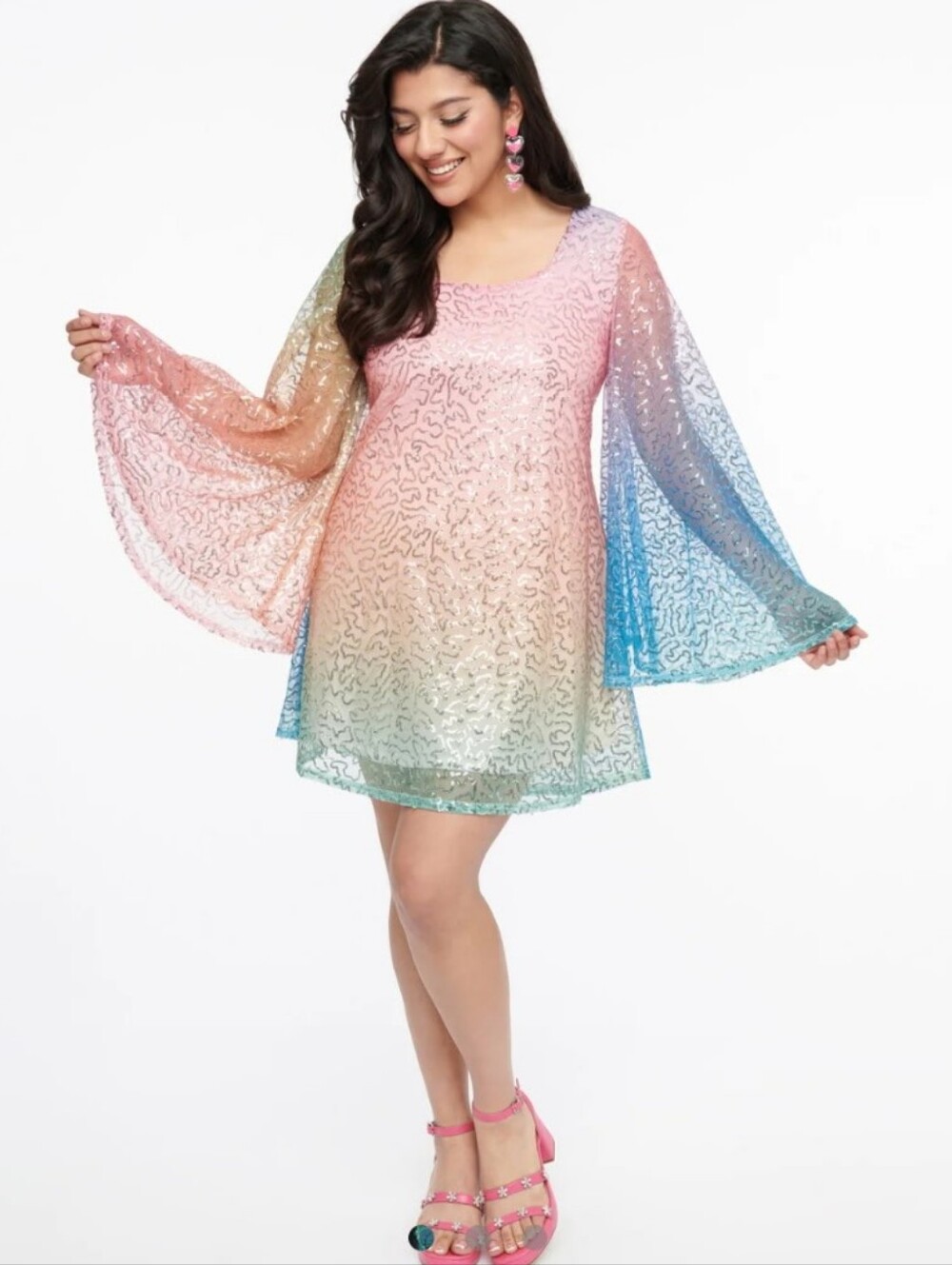 Smak Parlour 1960s Rainbow Ombre Bell Sleeve Dress Size XL/14